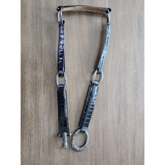 Brighton Black Patent Leather Croc Embossed O Ring Hook Belt women's Size 38 - Picture 2 of 6